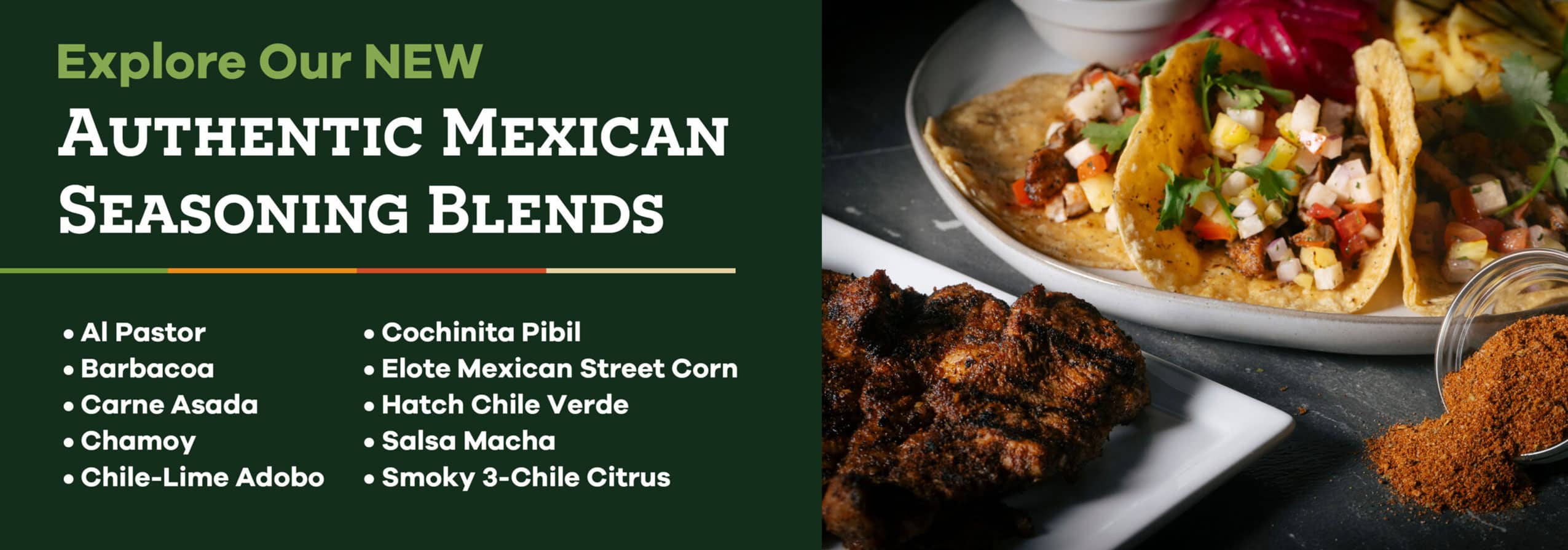 slide about authentic mexican seasoning blends with an image of tacos and marinated meat