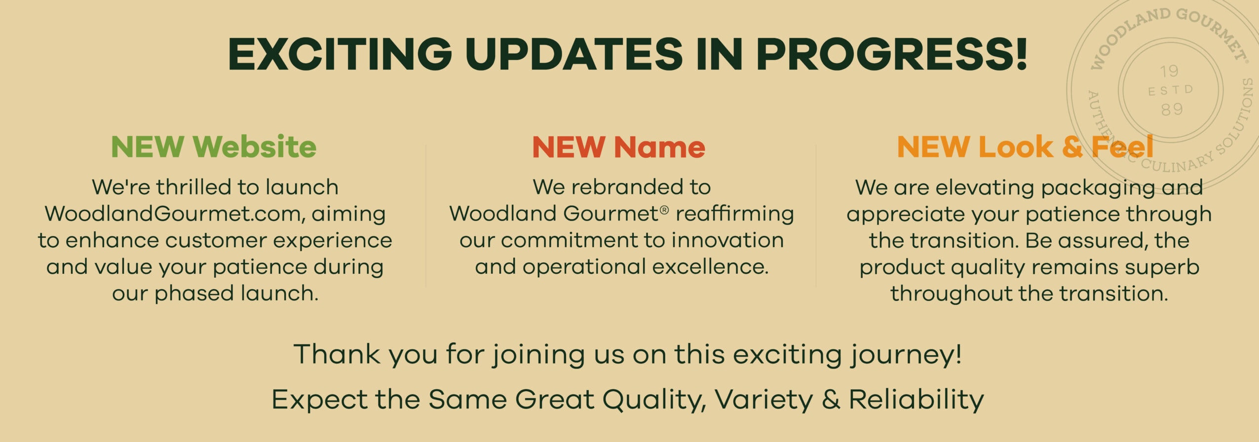 a banner announcing a new website, name and look for Woodland Foods